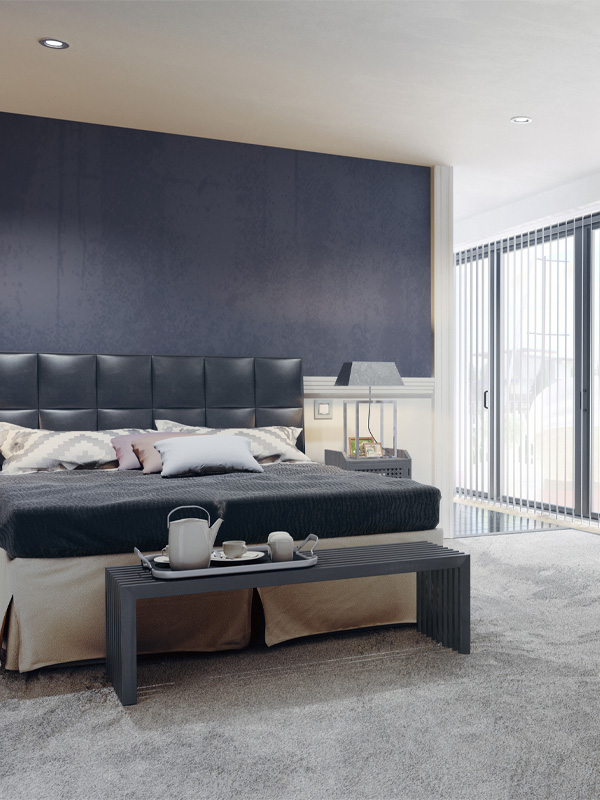 Modern interior bedroom with carpet flooring