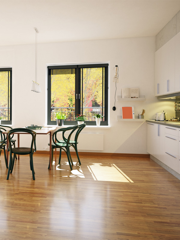 Modern kitchen with hardwood flooring